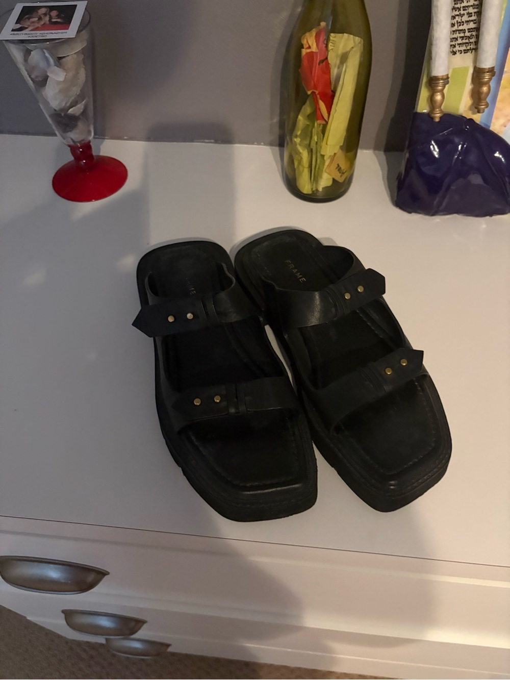 Frame Black Leather Double-Strap Slide Sandals